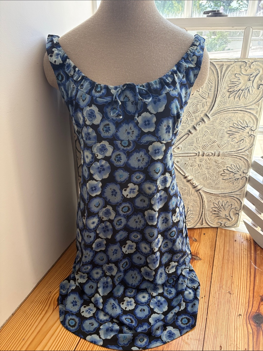 Vintage Blue and Black Floral Empire Waist Slip Dress